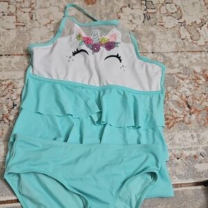 Unicorn Ruffle Swimsuit in White and Aqua